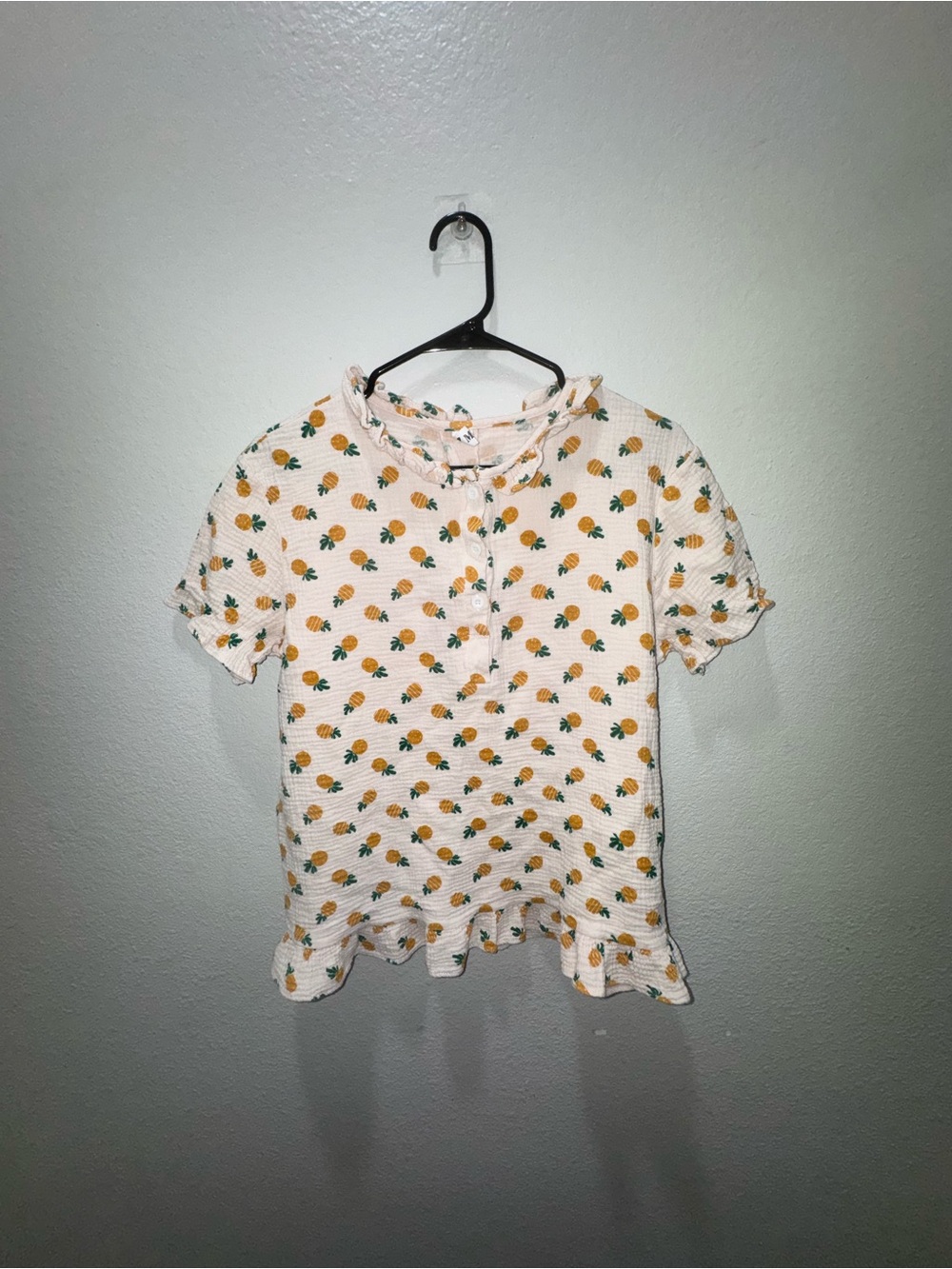 Women's Pineapple Print Ruffle Hem Top - White